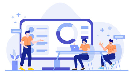 Man sharing pie chart with two colleagues, ideal for business presentations, data analysis discussions, and financial meetings. Strategic planning.