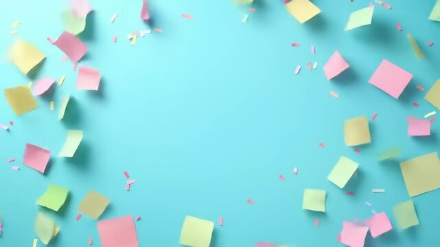 Colorful sticky notes and confetti scattered on a bright blue background, creating a playful atmosphere