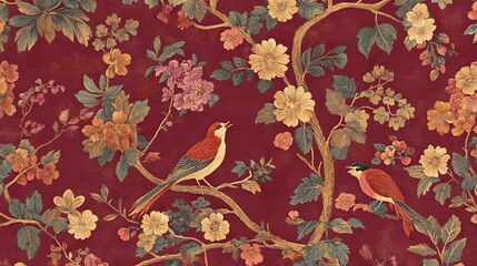 78.A luxurious design blending traditional Mughal themes of trees, delicate florals, and birds, with soft watercolor effects in a harmonious composition of earth and jewel tones.