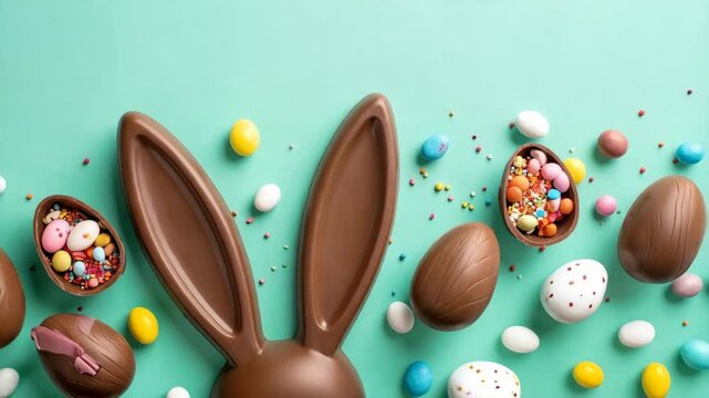 Chocolate easter bunny ears with candy filled chocolate easter eggs and sprinkles on a light green background for Spring celebration