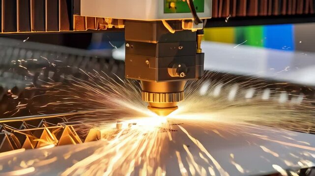 Laser beam precisely cuts metal plate during industrial process with sparks