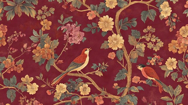 78.A luxurious design blending traditional Mughal themes of trees, delicate florals, and birds, with soft watercolor effects in a harmonious composition of earth and jewel tones.