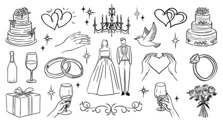 Elegant wedding celebration illustrations, isolated vector set