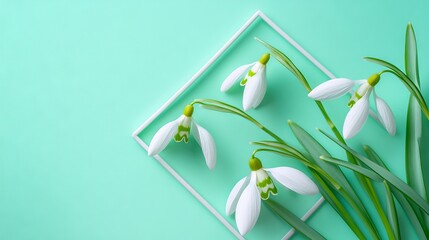 68.A minimalistic composition with snowdrop flowers arranged in a geometric frame on a bright pastel background, emphasizing the delicate white petals and soft green stems.
