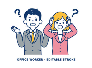 ポカンと口をあけて悩む、ビジネスマンのベクターイラスト素材＿男女セット