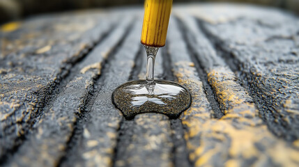 Macro shot of a single droplet falling from a bamboo spout onto a smooth stone - Generative AI