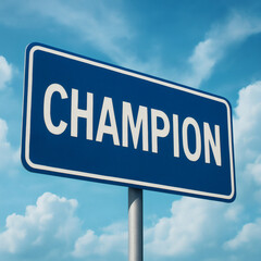 Obraz premium Champion Road Sign Under Baby Blue Sky, Motivation, Success, Victory, Achievement, Inspirational, High Detail, Focused, Cloudscape, Travel, Destination