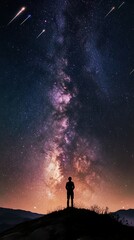 Fototapeta premium Silhouette Gazing at the Milky Way with Shooting Stars from Mountain Peak at Night