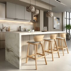 Modern Kitchen Island with Wooden Bar Stools