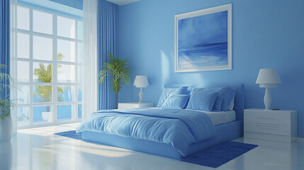 Stylish bedroom interior in trendy blue with natural light and serene decor