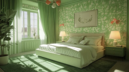 Stylish bedroom interior in trendy green with floral wallpaper and cozy lighting