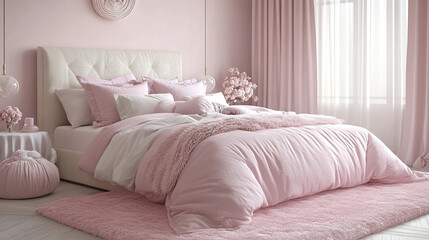 Stylish bedroom interior in trendy pink with soft textures and cozy decor