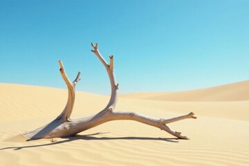 Stark, bleached driftwood against dune backdrop, weathered, landscape, sand