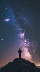 Silhouette Stargazer Under Vibrant Milky Way Deep Space Night Photography on Mountain Peak