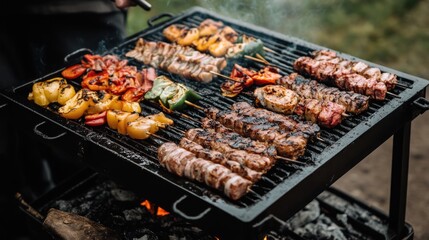 Assorted grilled skewers on a barbecue grill.