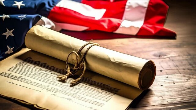 United States flag with historical document and rolled parchment on a wooden background, symbol of freedom and independence