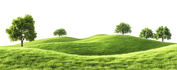 3D Landscape Scene with Grass Hills, Trees and Sky, Transparent PNG