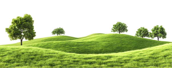 3D Landscape Scene with Grass Hills, Trees and Sky, Transparent PNG