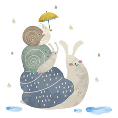 梅雨の雨とカタツムリのかわいいイラスト
