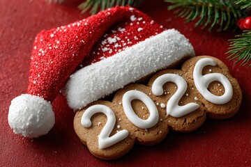 Decorated gingerbread with 2026 text . Santa's New Year's hat.