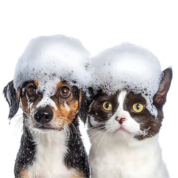 Adorable Dog and Cat Enjoying a Playful Bath Together, Covered in Fluffy White Soap Suds, Making for a Hilarious and Cute Pet Grooming Moment