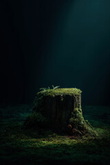 a moss-covered wooden stump in a natural. moody and luxurious atmosphere, shallow depth of field.