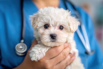 a veterinarian in blue scrubs holding a small fluffy white puppy.