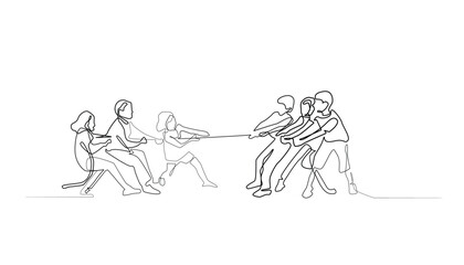 Tug of War Continuous Line Vector Illustration, Isolated on White.