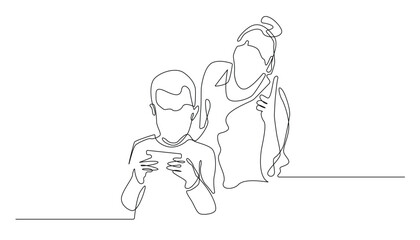 Continuous Line Drawing of Mother and Son, Vector Illustration.