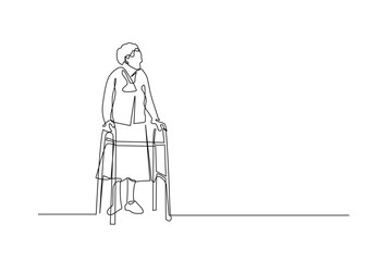 Senior Woman with Walker, Continuous Line Art Vector.