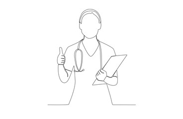 Doctor One Line Art with Thumbs Up, Isolated on White Background, Vector Illustration.