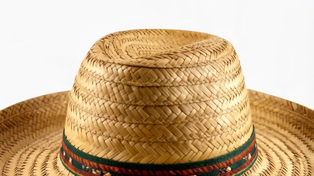 Traditional woven straw hat with a decorative band against a white background in a studio setting for cultural or fashion use