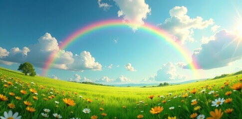 Vibrant double rainbow arcs over sunlit meadow of green and yellow wildflowers , yellow, colorful