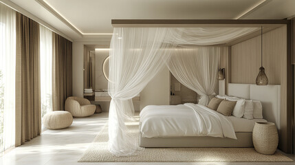 Luxurious bedroom interior with earth tones, featuring canopy bed and natural light