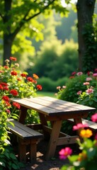 Wooden garden table bathed in sunlight, surrounded by colorful flowers , summer, outdoor space