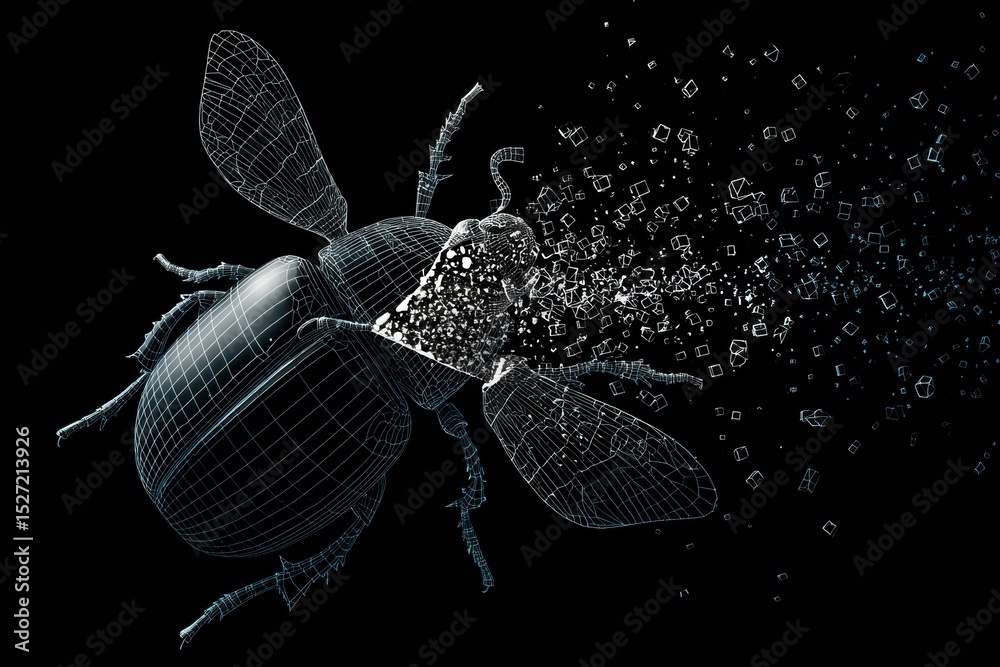 Poster 3D Wireframe Bug Symbol Disintegrating With Fragmented Particles on Black Background