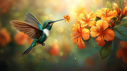 A hummingbird in flight, with orange blossoms.