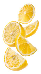 Fototapeta premium Fresh lemon slices falling isolated on transparent background