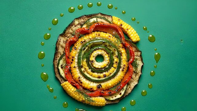 Grilled Vegetable Spiral with Corn Peppers and Zucchini on Green Background in Studio Shot Perfect for Restaurant Menu or Food Blog Close Up