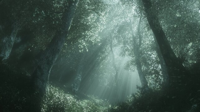 Misty forest sunlight
