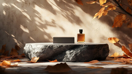Autumnal display of a perfume bottle on a stone pedestal.
