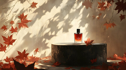 Amber perfume bottle displayed on a wooden pedestal surrounded by autumn leaves.