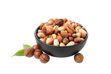 PNG, Assorted nuts in black bowls, isolated on white background