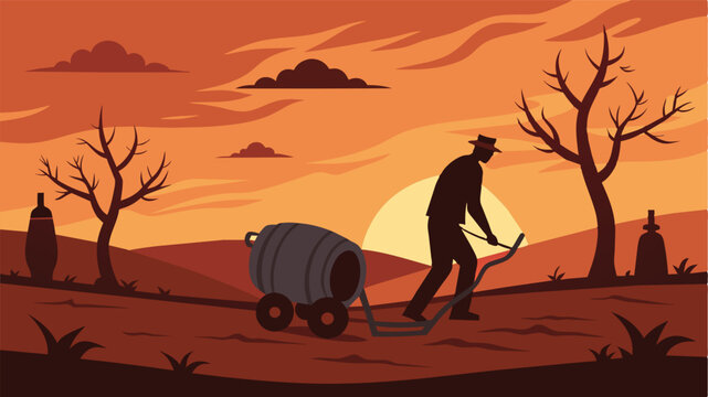 Against the backdrop of a orange sunset a lone worker slowly wheels an empty barrel away from the barren vines the silence only broken by the clanking of metal against the. Vector illustration