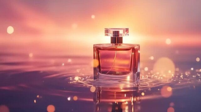Elegant perfume bottle surrounded by shimmering water droplets at sunset, evoking luxury and tranquility