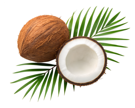 Whole and halved coconut with palm leaf isolated on transparent background