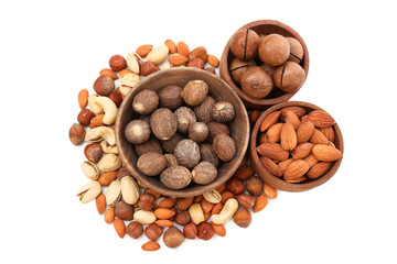 PNG,Various nuts in bowls, isolated on white background