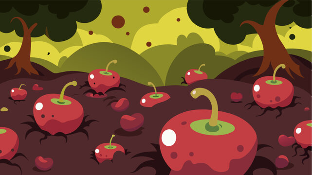 A field of rotting apples once juicy and crisp now dark and mushy with a carpet of slimy worms wriggling through them.. Vector illustration