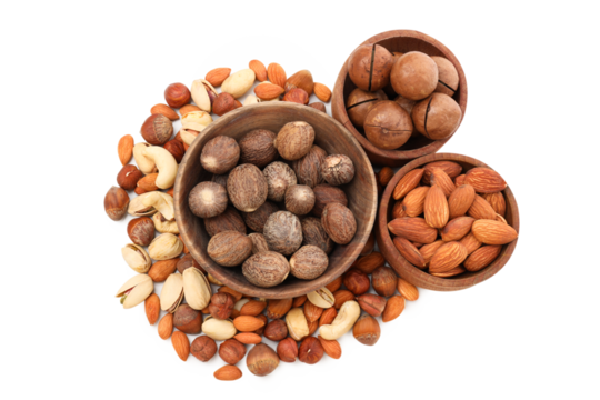 PNG,Various nuts in bowls, isolated on white background