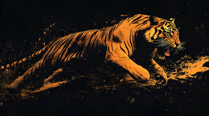 Powerful tiger in motion against a dark background.